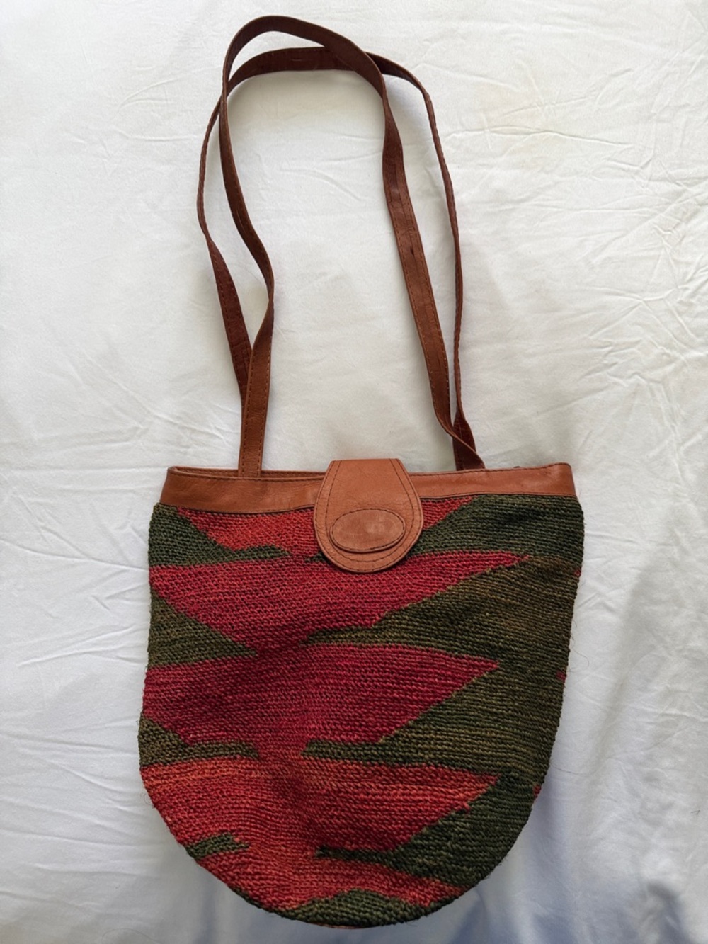 New never worn Woven Red & Green Shoulder Tote Bag with Leather Trim